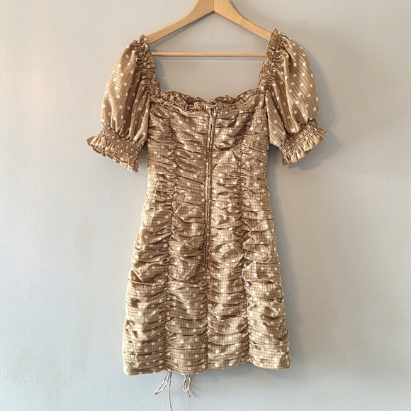 Finders Keepers Rosie Tan Polka Dot Ruched Fitted Feminine Mini Dress Size Small - Picture 13 of 16